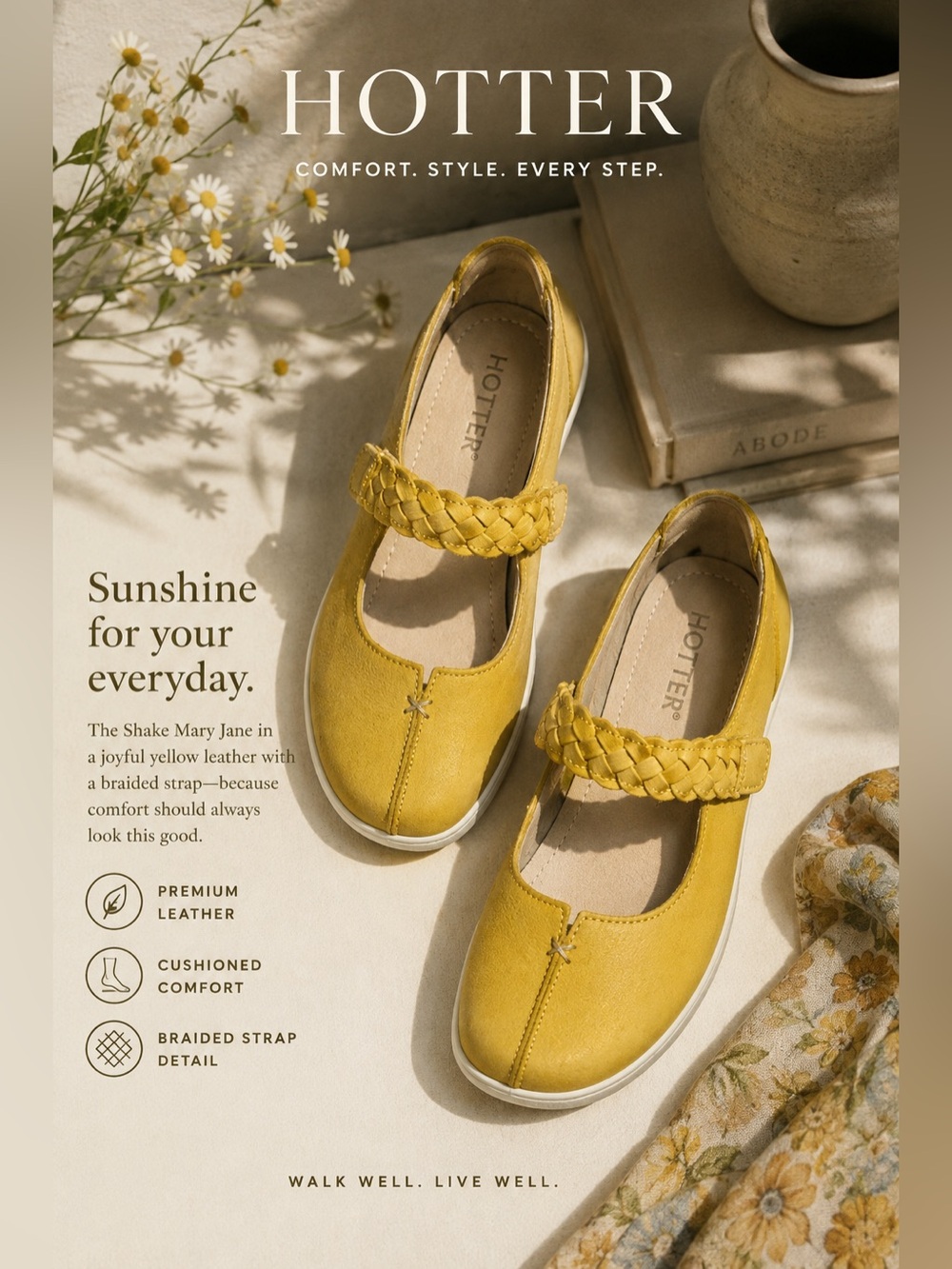 Hotter Shake Sunshine Yellow Leather Braided Strap Mary Jane Shoes Size 7